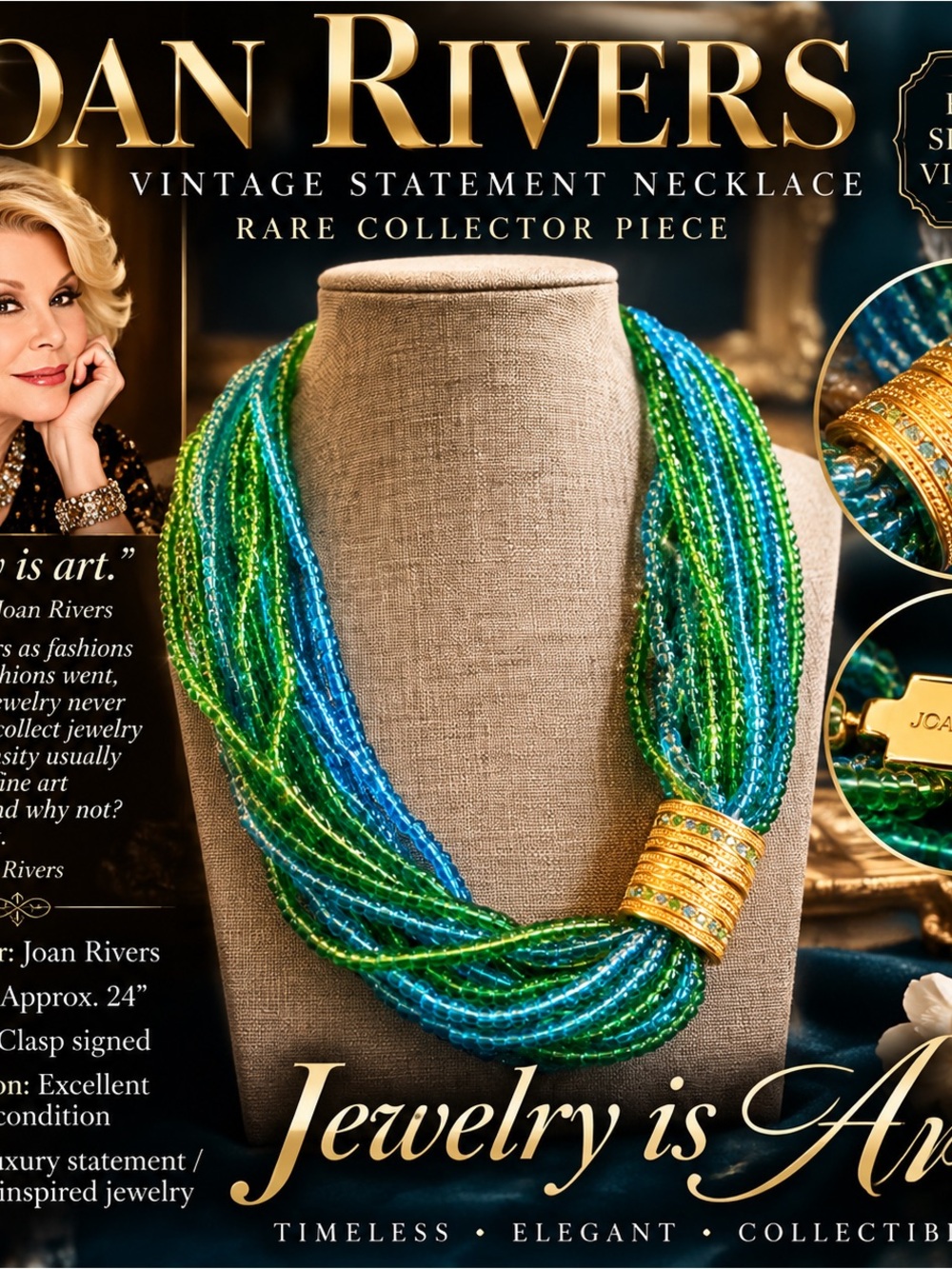 Rare Signed Joan Rivers Vintage Statement Necklace — 24” Designer Collector Piec
